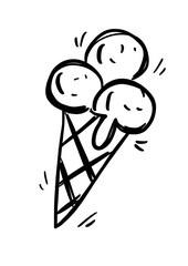 Ice cream cartoon icon. isolated on white background. flat outline. Comic character for t shirt design. Hand drawn design elements.