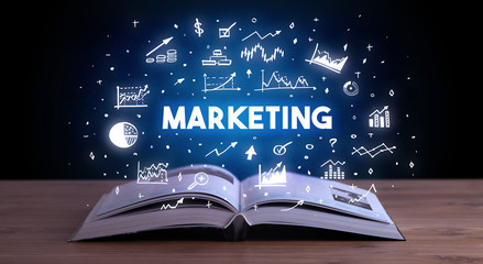 MARKETING inscription coming out from an open book, business concept