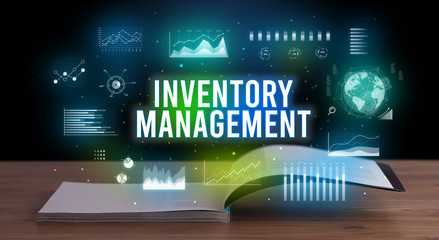 INVENTORY MANAGEMENT inscription coming out from an open book, creative business concept