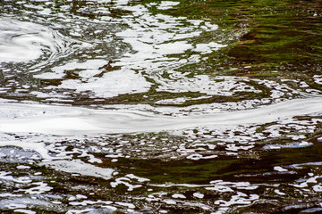 Eco background made of water with white foam and green reflection, soft focus