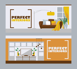 Interior design banners, vector illustration. Furniture store advertisement header in flat style with space for text. Living room interior, modern apartment design