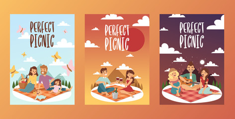 Picnic, vector illustration. Happy family with children, romantic couple on a date, group of friends singing. People together on a summer picnic outdoor in nature