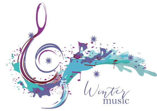 Winter music. Abstract treble clef decorated with snowflakes and notes. Vector illustration.