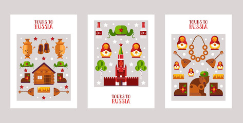 Russia sightseeing tour posters, vector illustration. Advertising flyers with main symbols of traditional Russian culture. Flat style icons