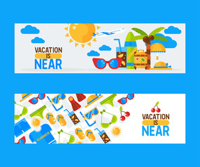 Fototapeta premium Summer vacation banner, vector illustration. Travel agency seaside tour advertisement, fun beach activities for the whole family. Vacation trip accessories