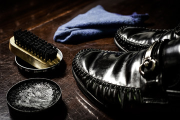 Shoe polishes,brush, rag and black shoe