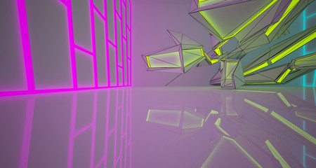 Abstract architectural drawing white interior of a minimalist house with color gradient neon lighting. 3D illustration and rendering.