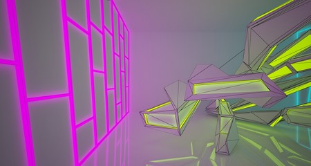 Abstract architectural drawing white interior of a minimalist house with color gradient neon lighting. 3D illustration and rendering.