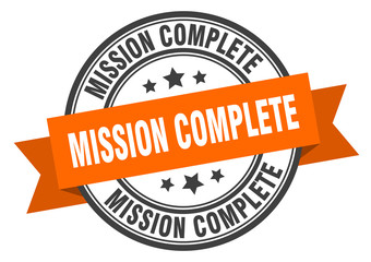 mission complete label. mission complete orange band sign. mission complete