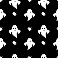 Halloween Black and White Seamless Background with Cartoon Ghosts.