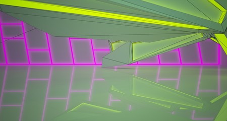 Abstract architectural drawing white interior of a minimalist house with color gradient neon lighting. 3D illustration and rendering.