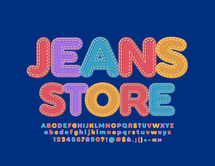 Vector bright logo Jeans Store. Colorful Denim Font. Creative textile Alphabet Letters and Numbers set