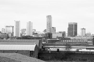 Birmingham UK skyline. Black and white vintage style.