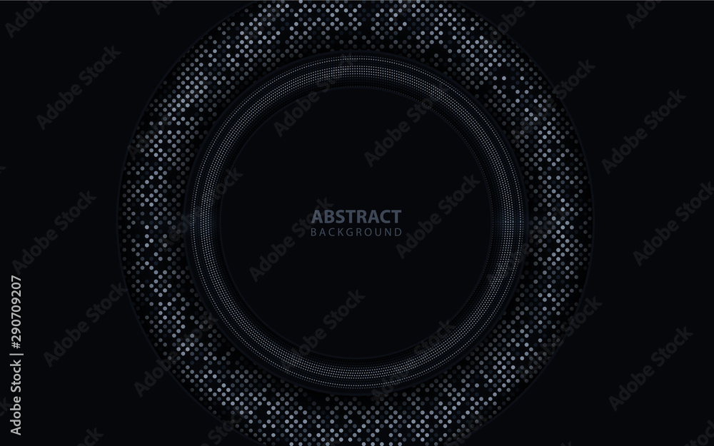 Poster dark abstract background with black overlap layers. texture with silver glitters dots element decora