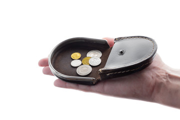 Hand with wallet isolated on white background.
