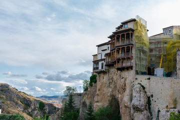 Landscape of "Casas Colgadas" in Cuenca, Spain. The houses are under construction