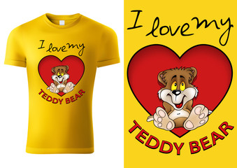 Yellow Child Short T-shirt with Sitting Bear in Heart Shape - Cheerful Colorful Illustration, Vector