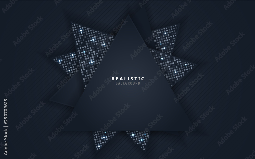 Poster dark blue abstract background with triangles overlap layers. texture with light silver glitters dots