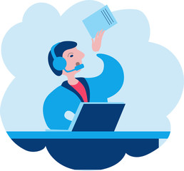 A man in headphones sitting at the computer and talking on the phone.