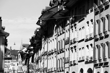 Berne city street, Switzerland. Black and white retro style.