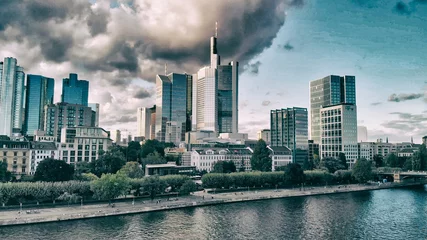 Aerial flying along the futuristic skyline the business and financial centre of Frankfurt am Main, sunset view from drone © jovannig