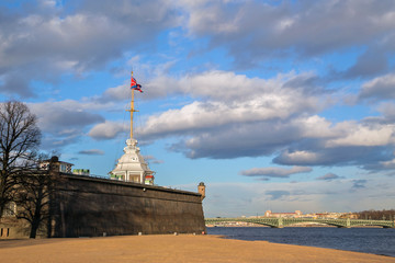     Russian Navy flag tower and Naryshkin Bastion at the Peter and Paul fortress in St. Petersburg,...