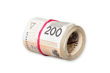 Pile of rolled polish 200-zloty banknotes tied with rubber band isolated on white background with clipping path.