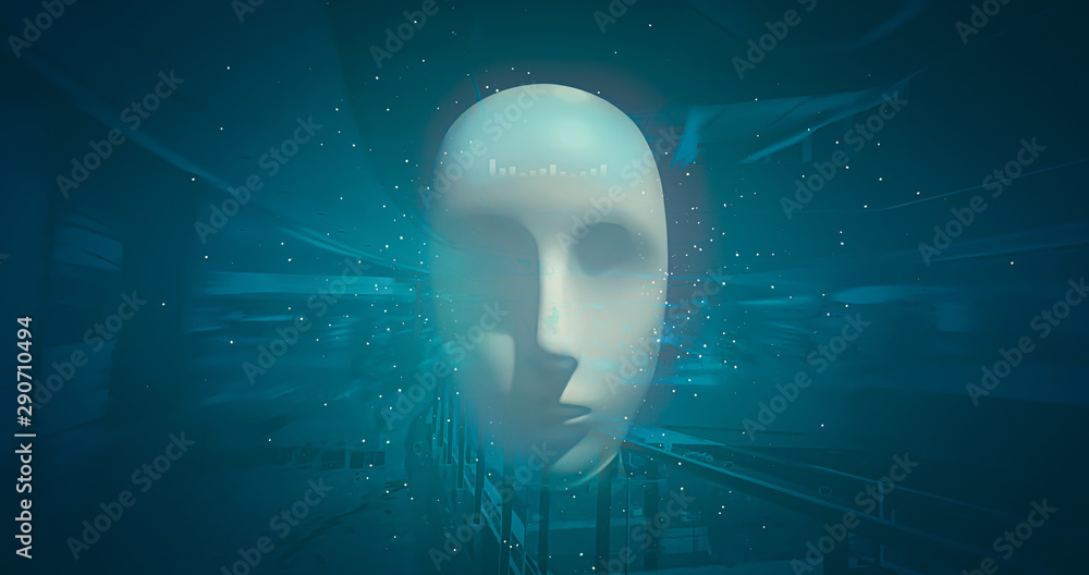 Poster artificial intelligence of robot heads in the future world on the background of high technology. dev