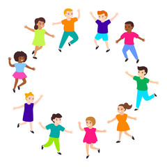 Group of cartoon happy multicultural children in circle, girl and boy playing. Cute diverse kids. Vector illustration