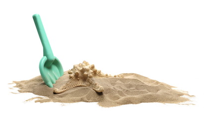 Beach toy for kids, plastic tool in sand pile with seashells isolated on white background