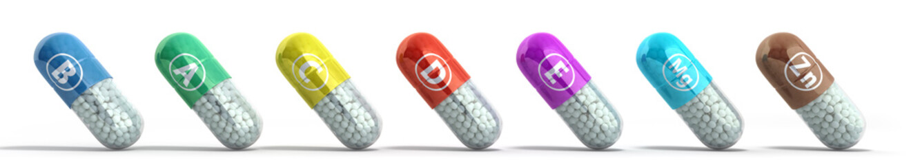 vitamins and minerals in capsules 3d render on white