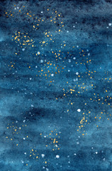 Watercolor dark blue background with gold paint drops. Beautiful indigo gradient texture with gold flakes. Hand drawn high resolution texture for posters, postcards, prints, invitations.