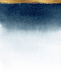 Watercolor dark blue background with gold boarder. Beautiful indigo and gold texture. Hand drawn high resolution texture for posters, postcards, prints, invitations and other design.