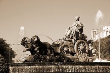 Madrid - Cibeles Square fountain. Sepia tone vintage style.
