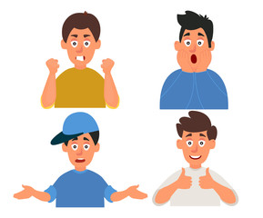 Set of male emotions. Young man emoji character with different expressions. Vector illustration in cartoon style.