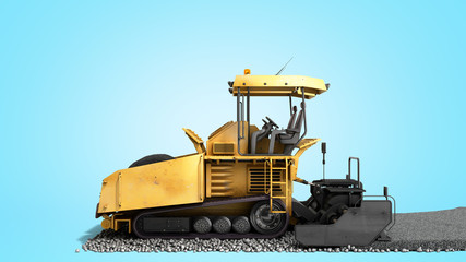 Obraz premium Yellow asphalt spreader machine lays asphalt 3d render on blue gradient