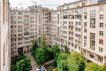  Facade of a multi-storey modern residential building in the center of Moscow