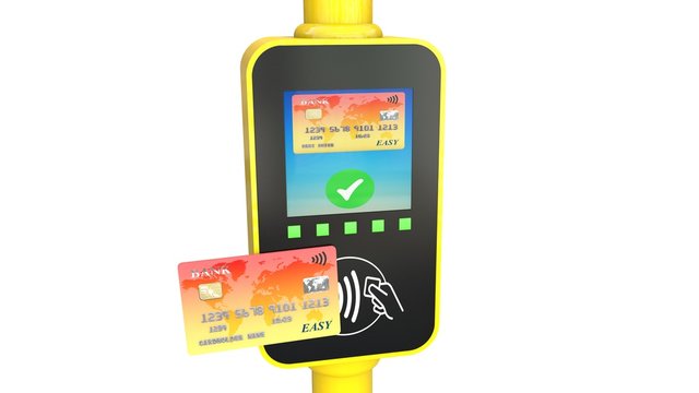 3d illustration: Electronic validator of public transport fare. Contactless wireless payment via credit card. The pay confirmed. Isolated on white background. 