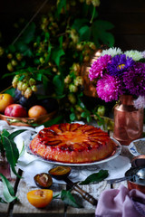 Upside down plum cake. style rustic