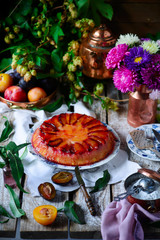 Upside down plum cake. style rustic