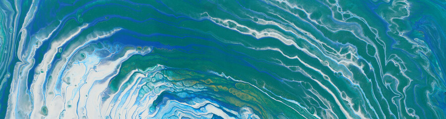 art photography of abstract marbleized effect background. turquoise, emerald green, blue, white and gold creative colors. Beautiful paint. banner