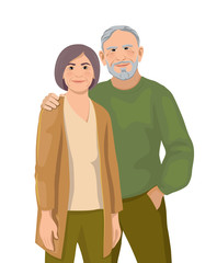 Happy mature European couple. Smiling middle-aged woman and man together. Family happiness concept. Cartoon illustration. Vector isolated on the white background