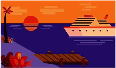 Fototapeta premium Background island cruise ship holiday sunset flat design