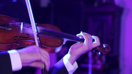 Musician playing violin. Close-up male musician playing violin on dark background with colorful lights.