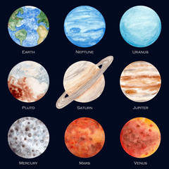 Watercolor set of solar system planets. Earth, Mercury, Saturn, Jupiter, Venus, Mars, Pluto, Uranus, Neptune. Isolated planets on dark background. © OleniaArtShop