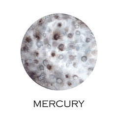Watercolor illustration of Mercury planet. Hand drawn illustration isolated on white background.