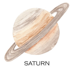 Watercolor illustration of Saturn planet. Hand drawn illustration isolated on white background.