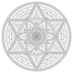 Coloring page with mandala with six-pointed star and abstract pattern. Vector drawing.