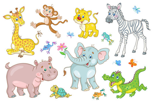 Set of african cute animal babies - giraffe, zebra, crocodile, lion, elephant, hippo, monkey, turtle and frog. In cartoon style. Isolated on a white background.