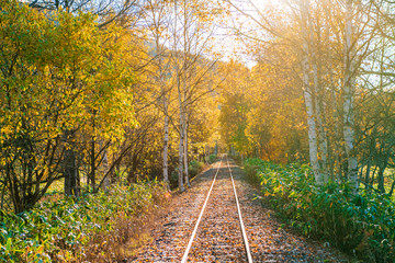 Scenic route along old railway in Hokkaido during autumn season